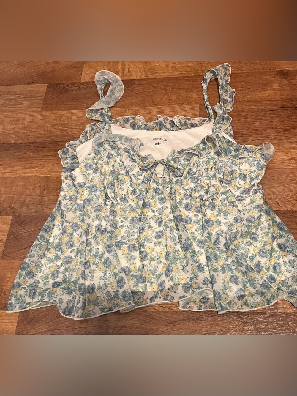 wild fable Floral Ruffle Tie-Front Cami - Light Blue & Yellow fairy whimsy